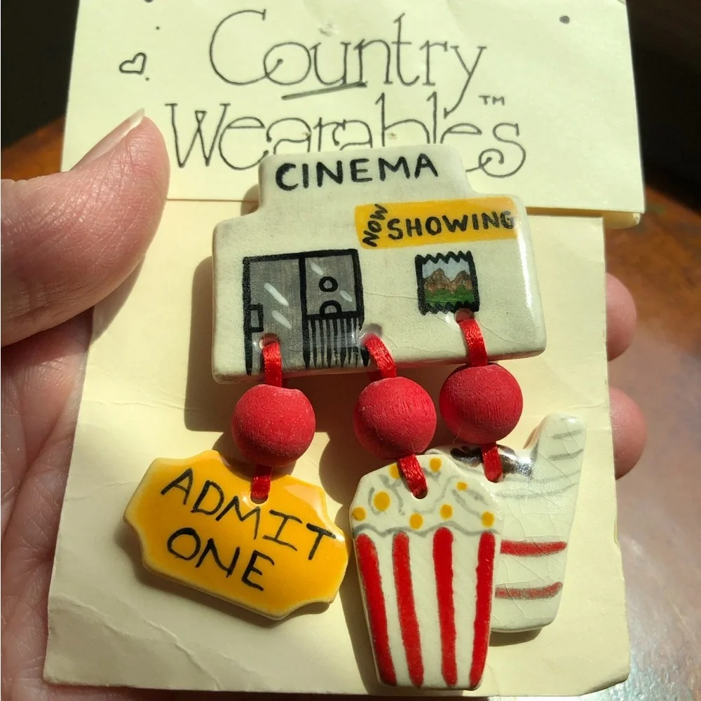 Country wearables, ceramic cinema brochure brooch